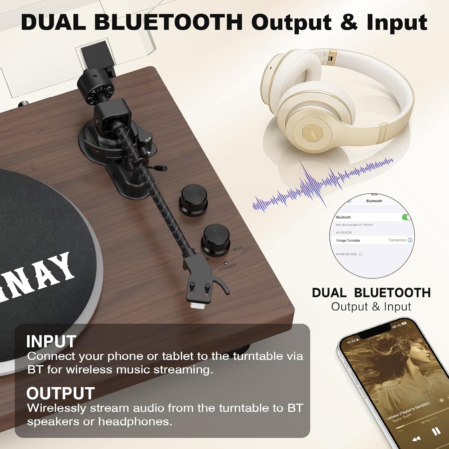 Bluetooth Vinyl Turntable Record Player 33/45 RPM Wood Speakers