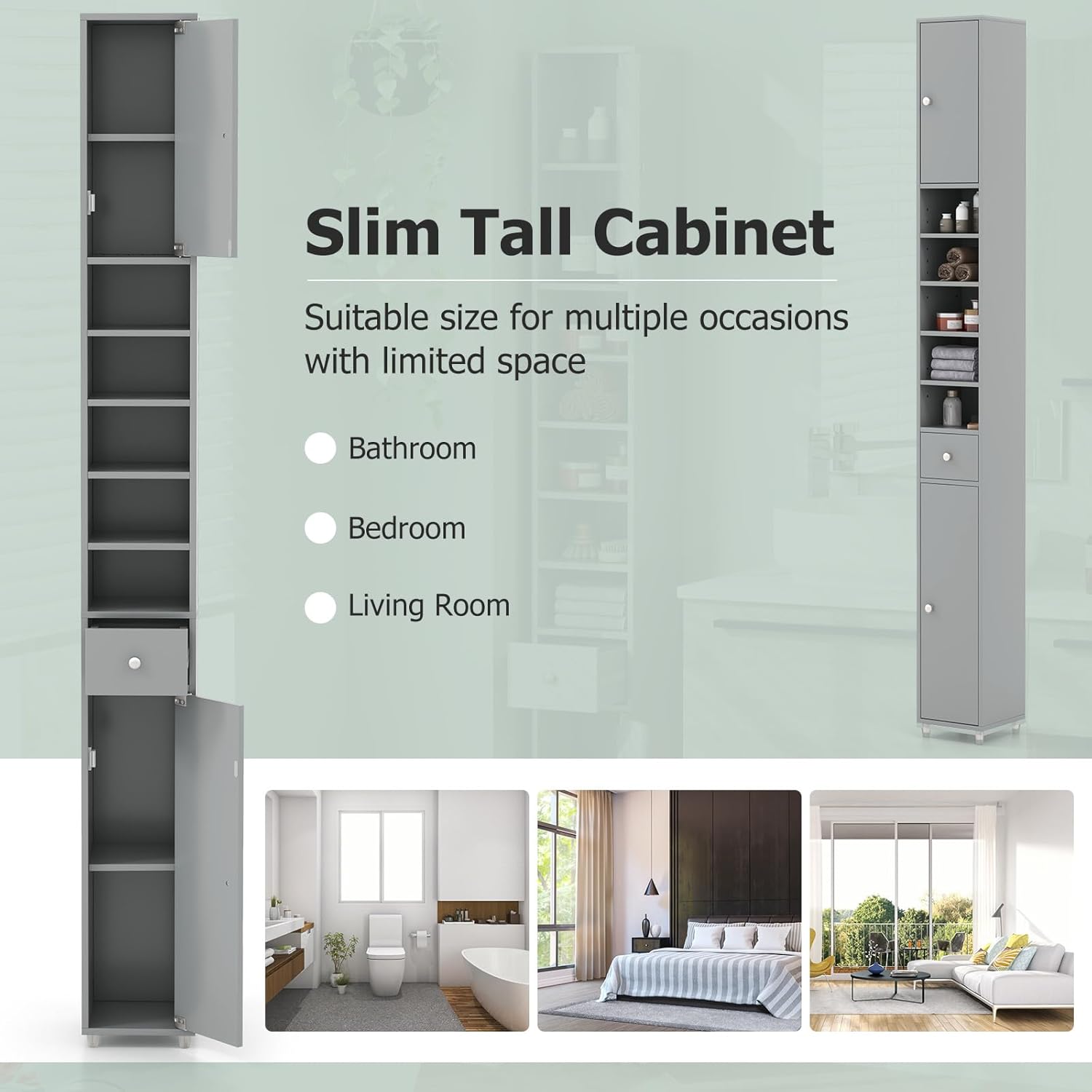 Tall Slim Bathroom Storage Cabinet Drawer Adjustable Shelves Grey