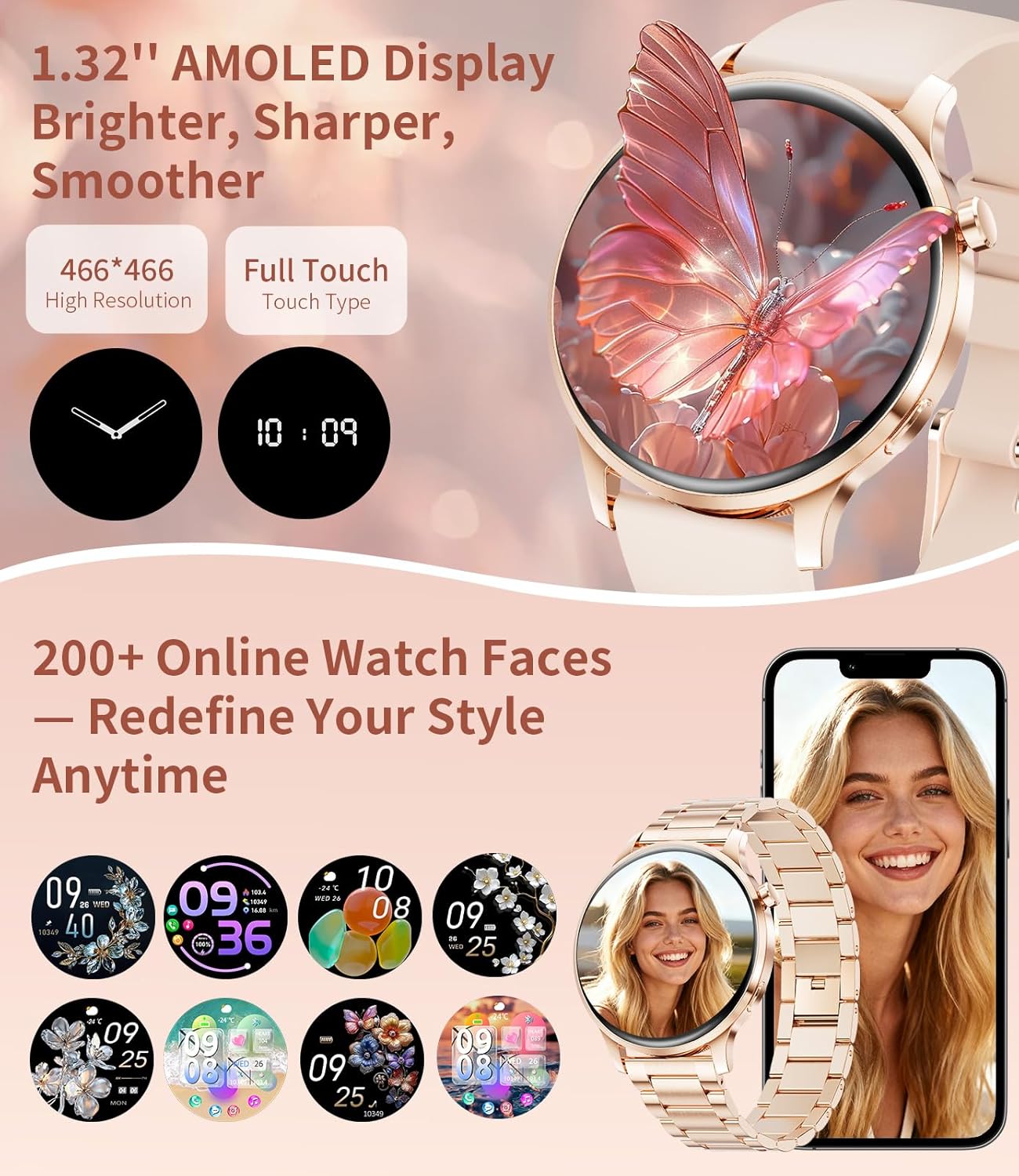 Womens AMOLED Smart Watch Rose Gold Bluetooth Call
