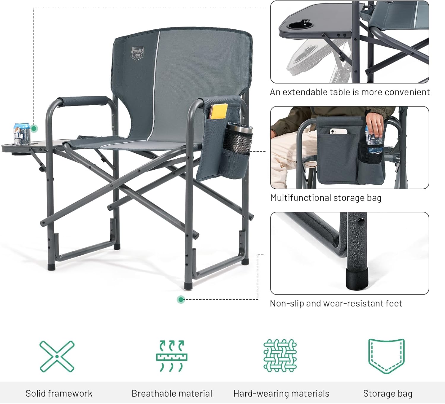 Directors Camping Chair 180kg Foldable Side Table Grey