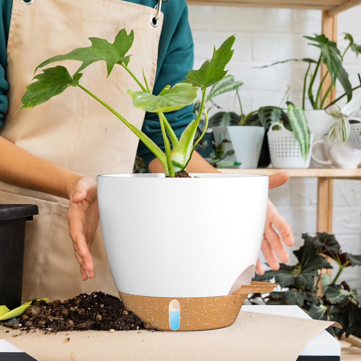 30cm Self Watering Plant Pots Set 2 White Planters Water Inlet