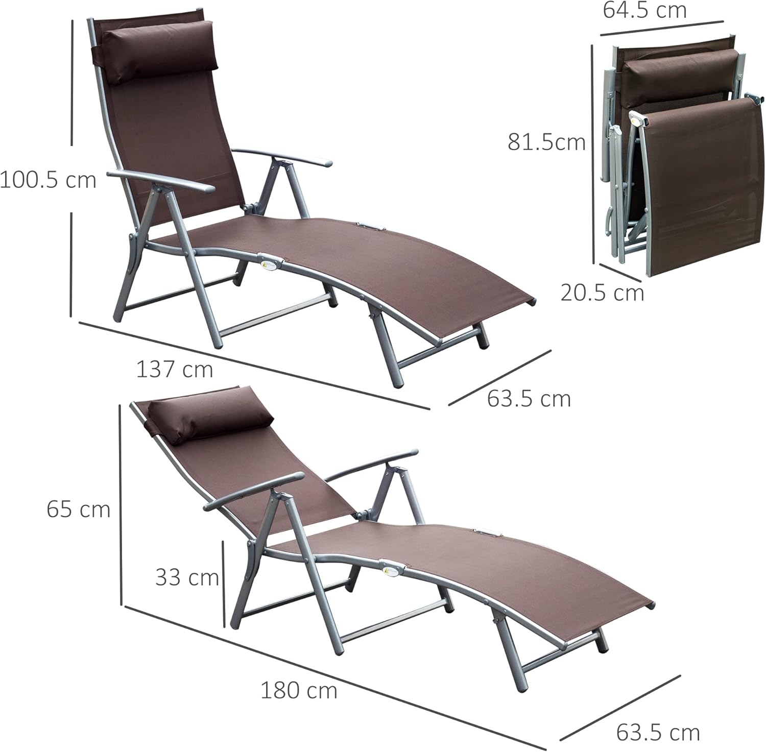 Heavy Duty Folding Sun Lounger 7 Level Recliner Brown
