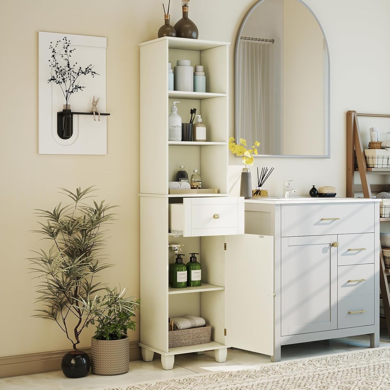 Tall Slim Storage Cabinet Beige Drawer Shelves Door Unit
