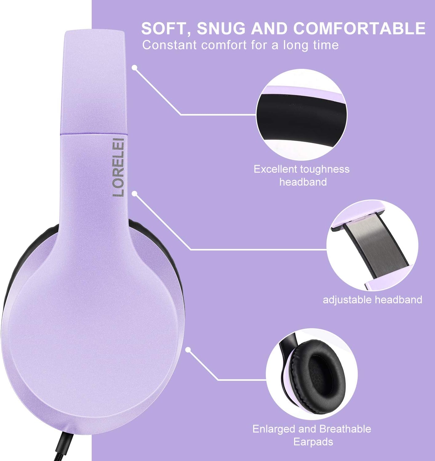 Wired Over Ear Headphones With Mic Stereo Bass 3.5mm Purple