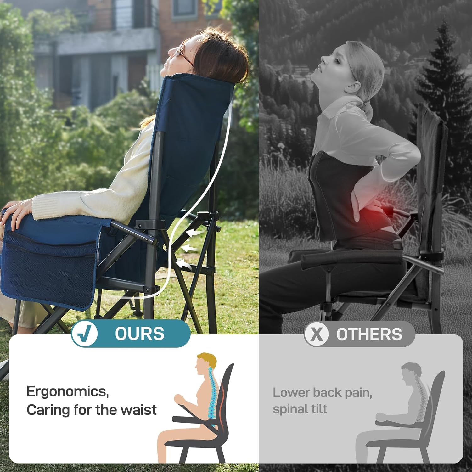 Oversized Folding Camping Chair with Lumbar Support Blue