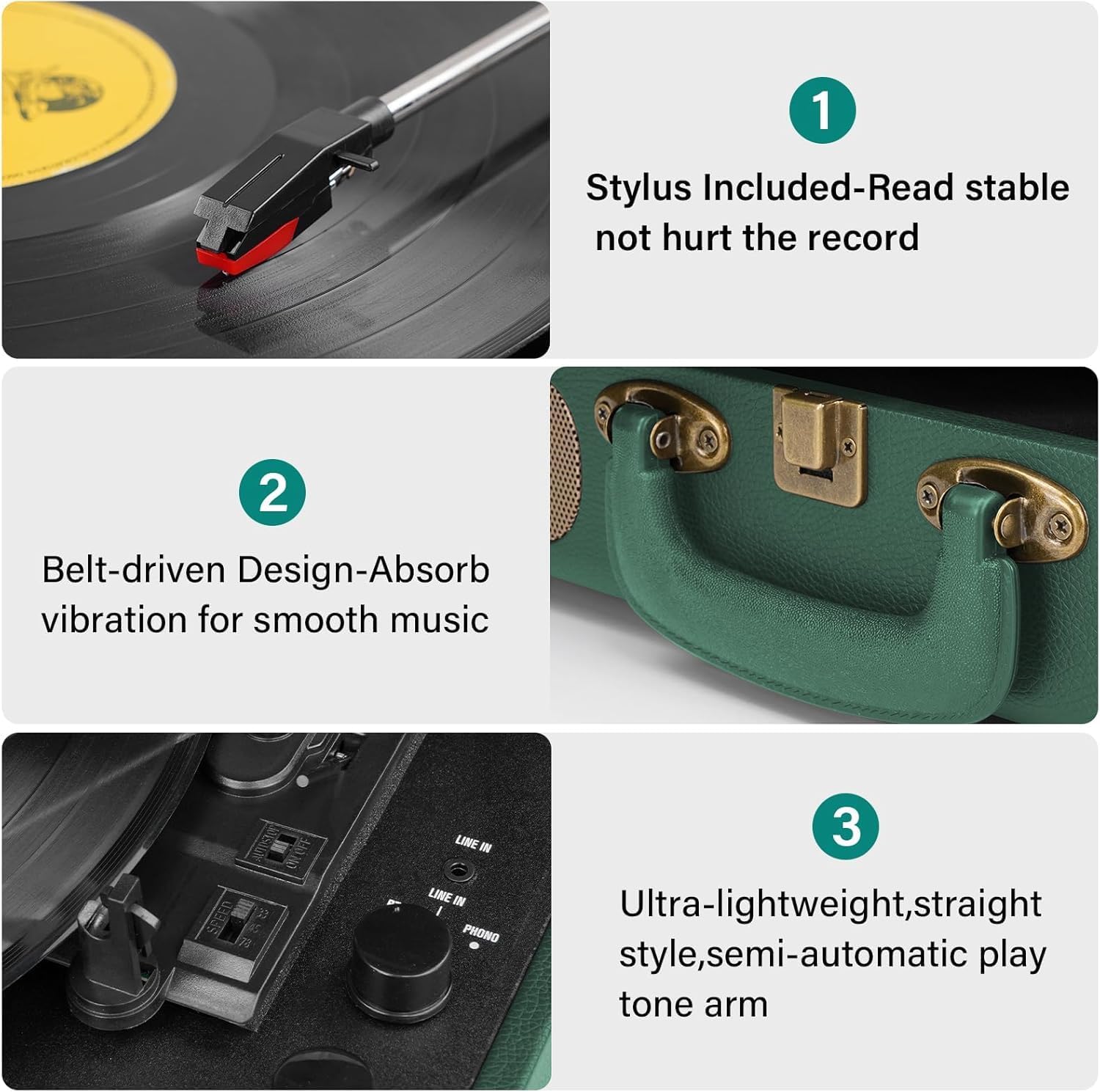 3-Speed Bluetooth Vinyl Record Player Portable Suitcase Turntable