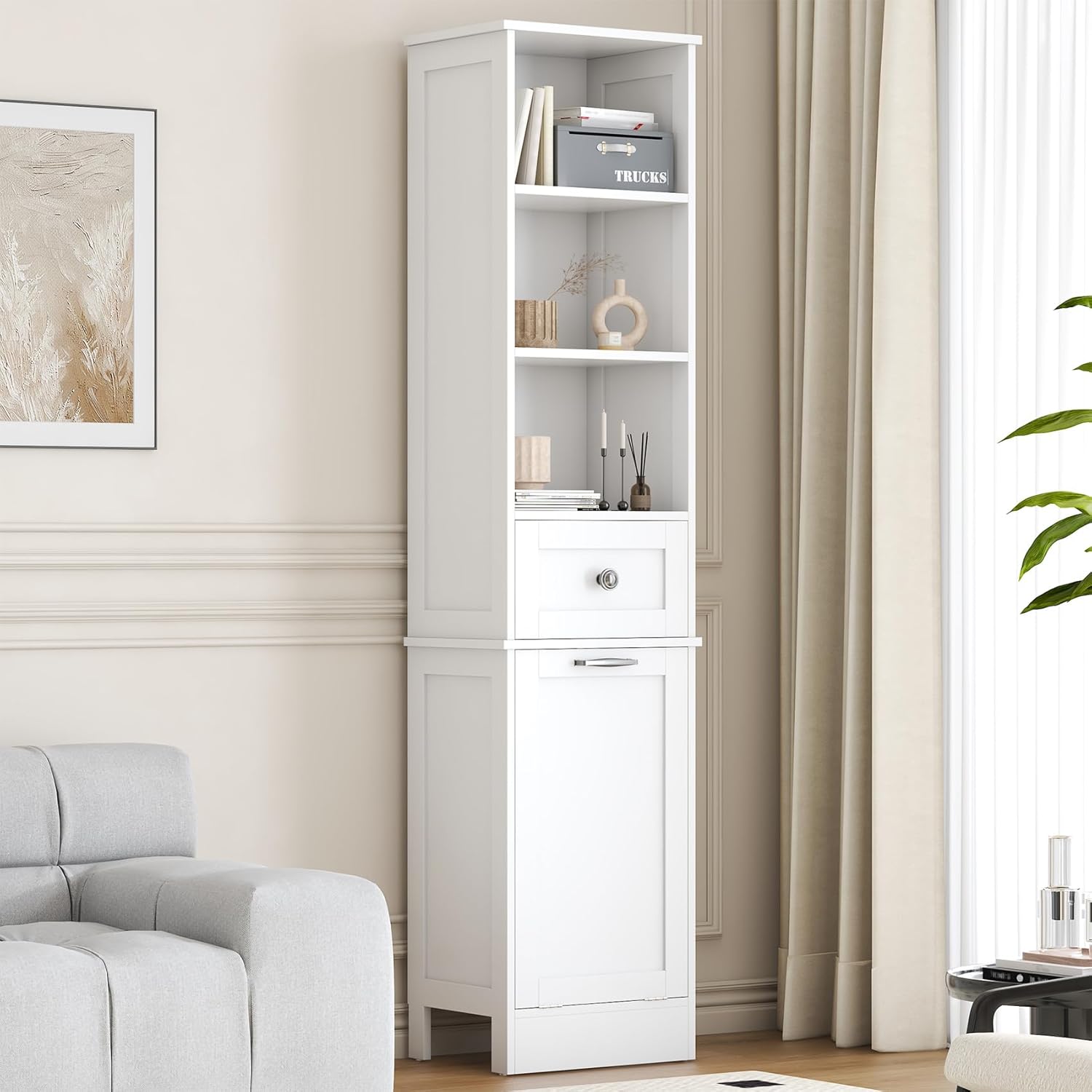 Tall Bathroom Cabinet Laundry Basket Drawer Shelves White 170cm