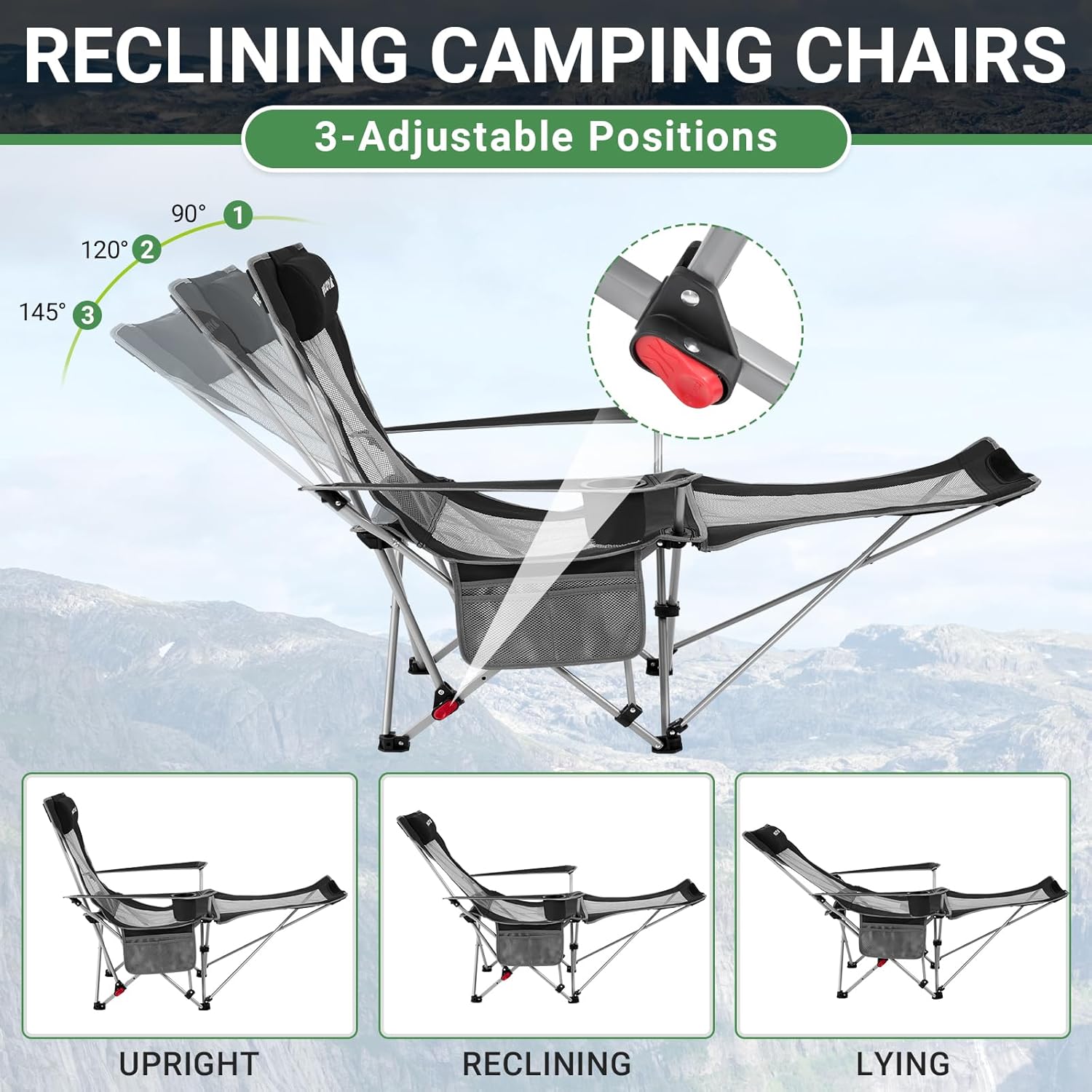 Set of 2 Reclining Camping Chairs with Footrest