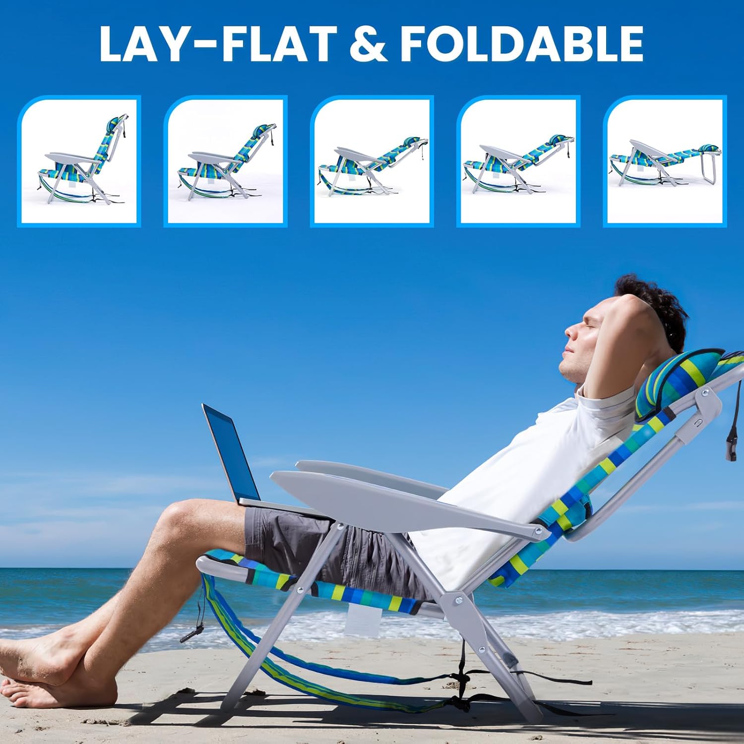 Lightweight Reclining Beach Chair 4 Position Ocean Striped