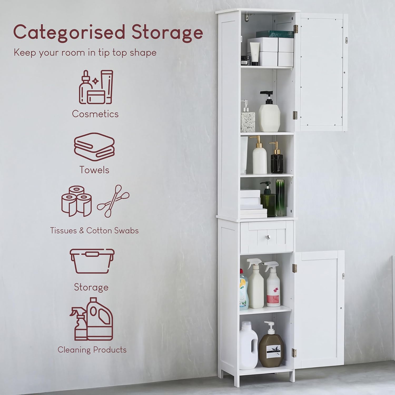 Tall Mirrored Bathroom Cabinet Drawer Shelf White Tallboy 190cm