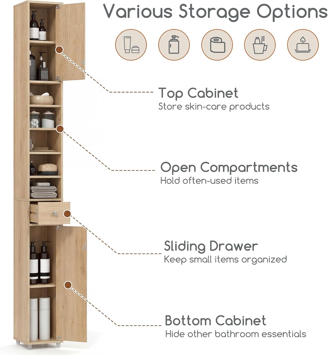 Tall Slim Bathroom Storage Cabinet Drawer Shelves Natural Wood