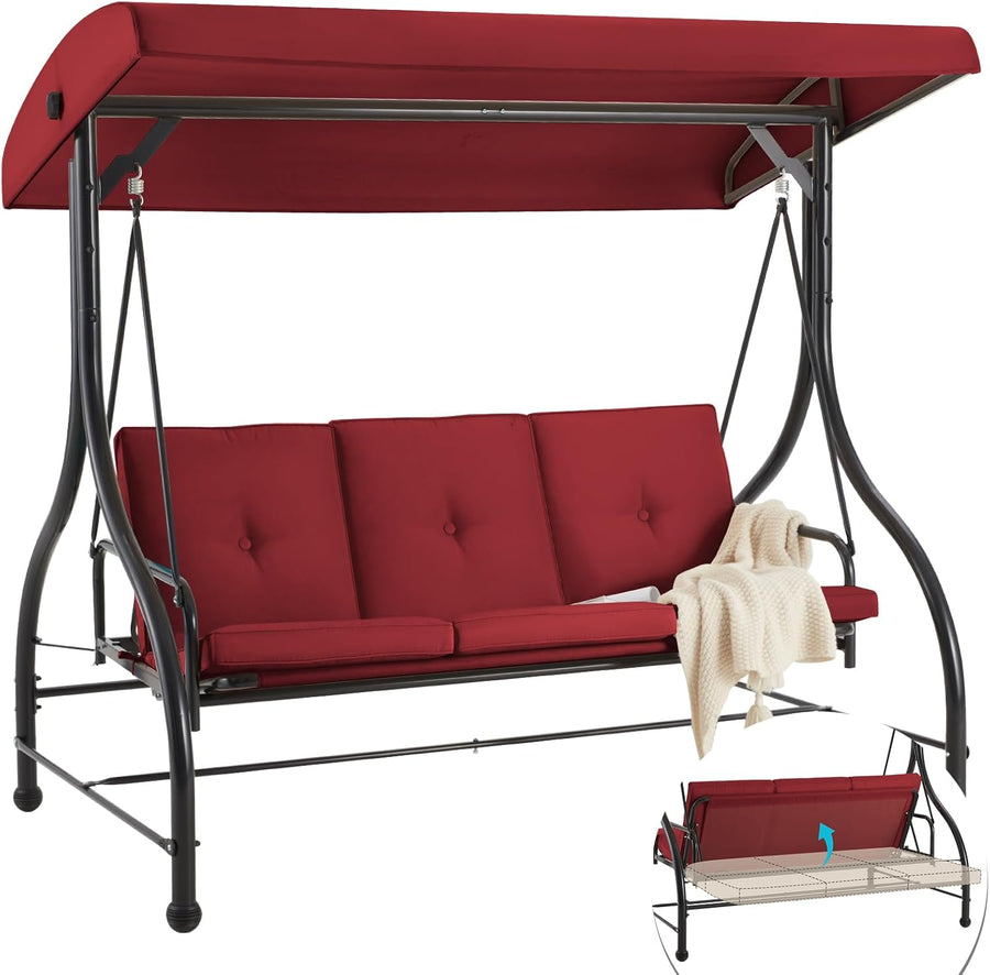 3 Seater Garden Swing Bed Red Canopy Cushion Steel