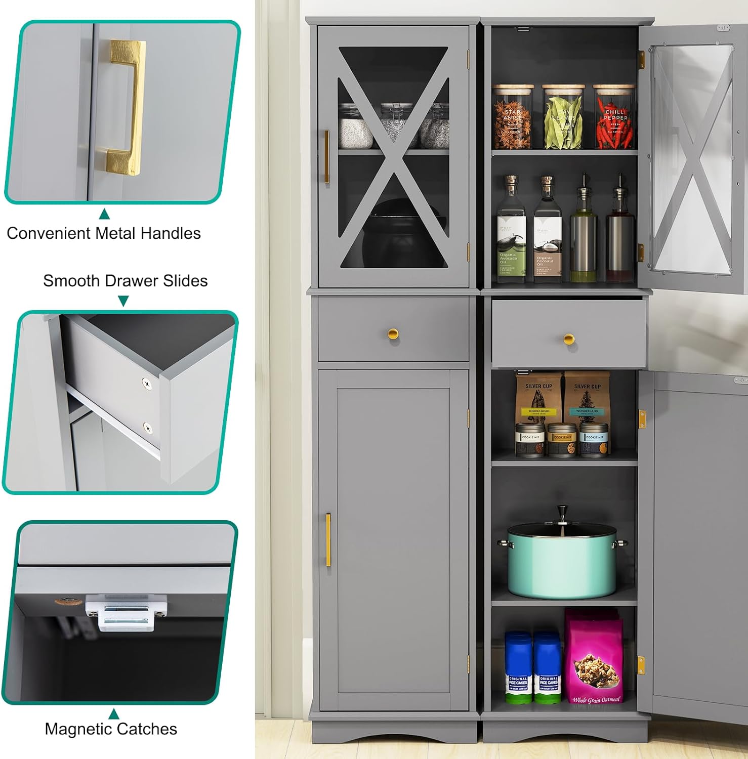 Tall Slim Storage Cabinet Grey Glass Door Drawer Unit