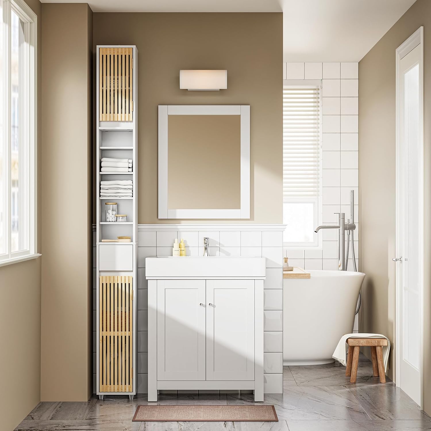Slim Tall Bathroom Cabinet Bamboo Doors White 20cm 180cm