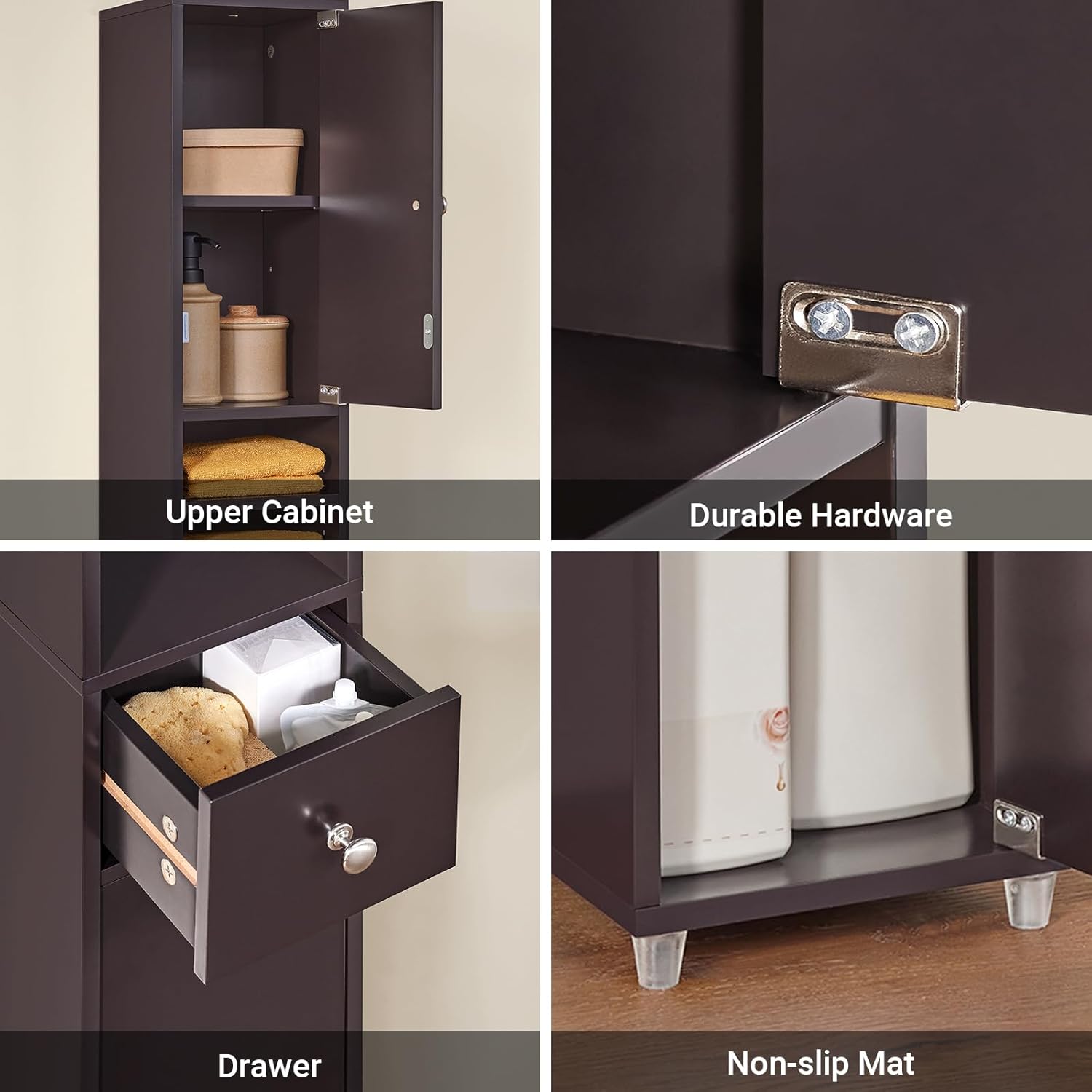 Slim Tall Bathroom Cabinet Brown Drawer Shelves 180cm 20cm