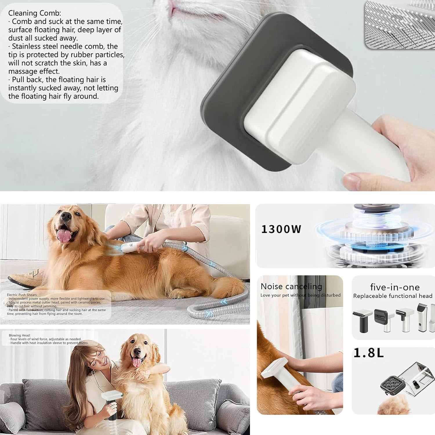 Pet Grooming Vacuum 26000Pa 5 in 1 Clipper Kit 1.8L Quiet