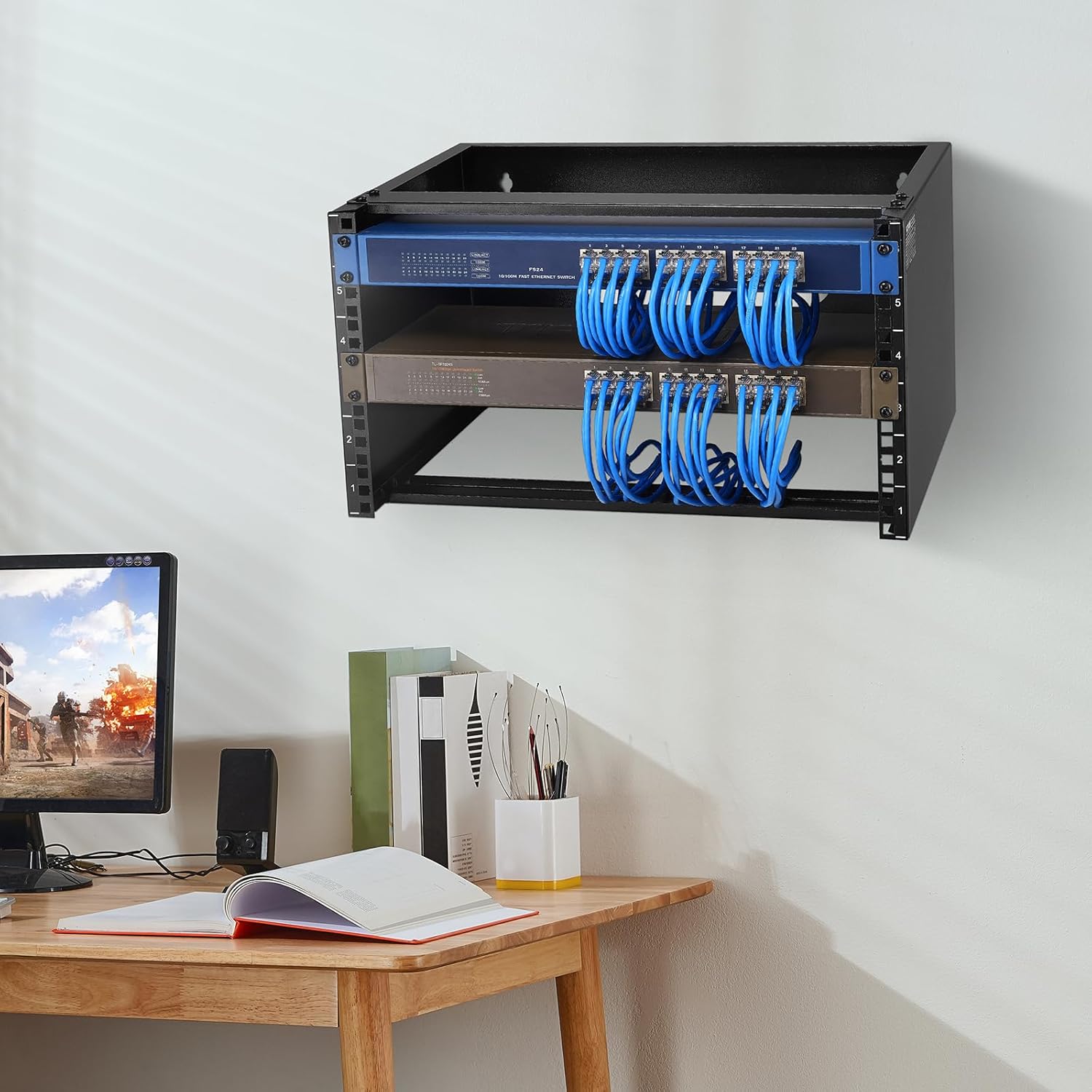 6U Wall Mount Network Rack 19 Inch 14 Inch Steel Bracket