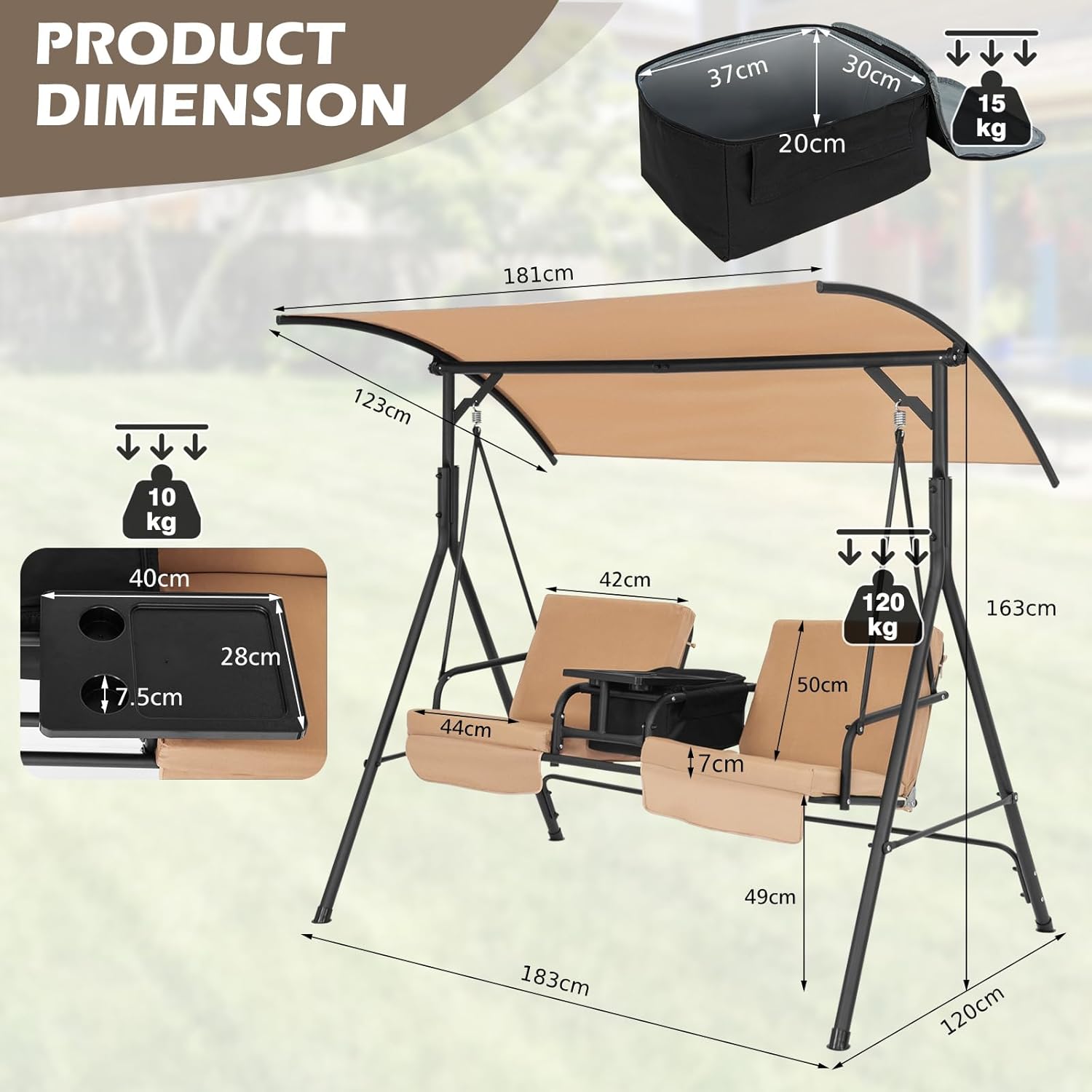 Beige 2 Seater Swing Chair with Canopy Cooler Tray