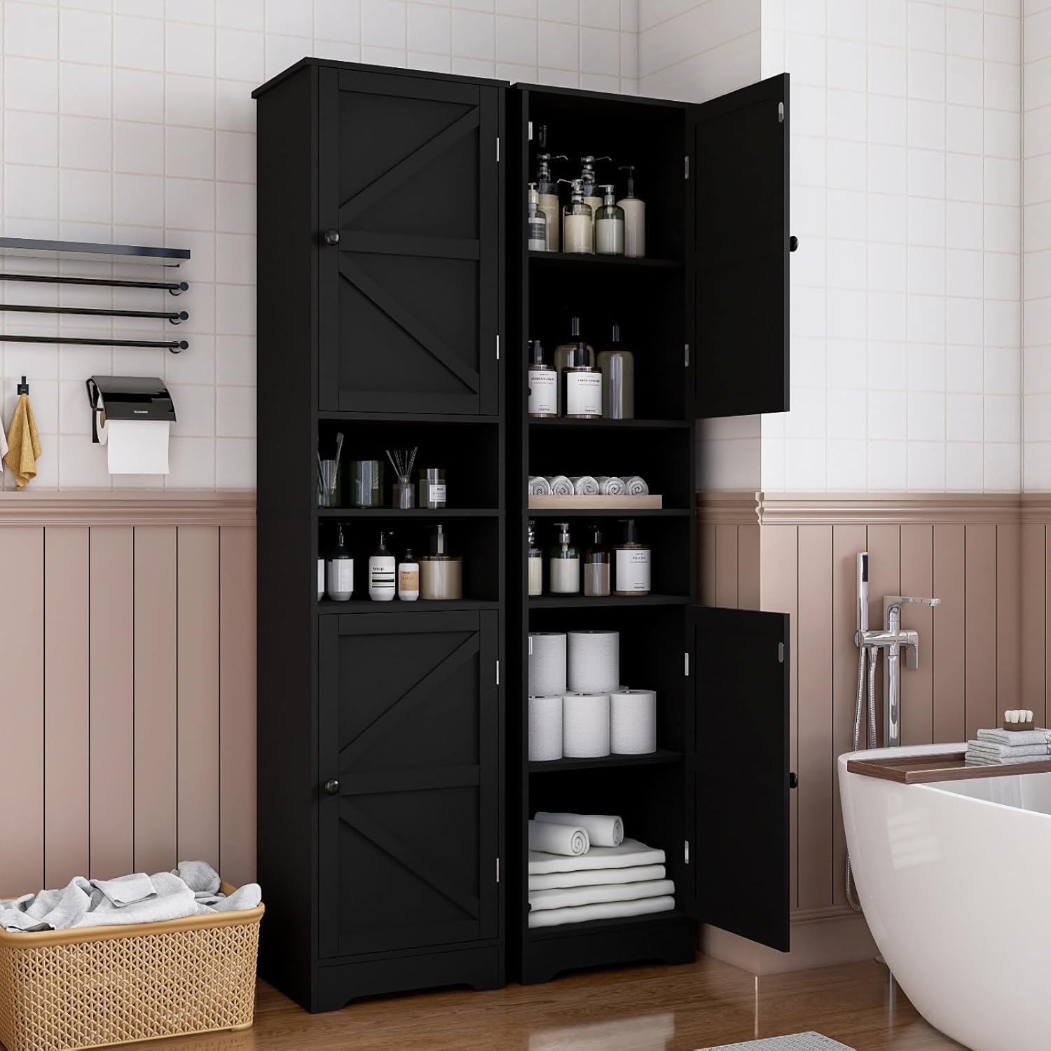 Tall Bathroom Storage Cabinet Slim Adjustable Shelf Black