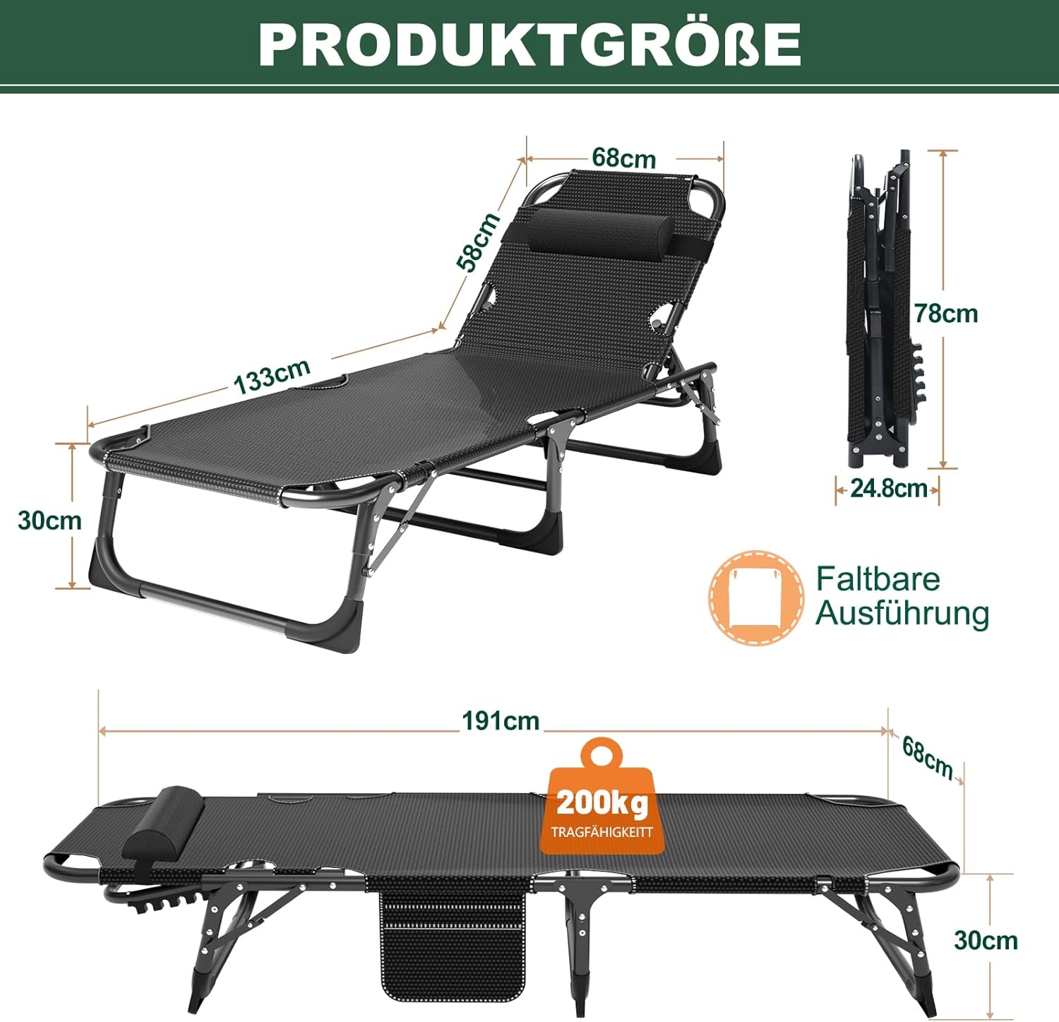 Oversized Folding Sun Lounger Bed 5 Position 200kg Grey