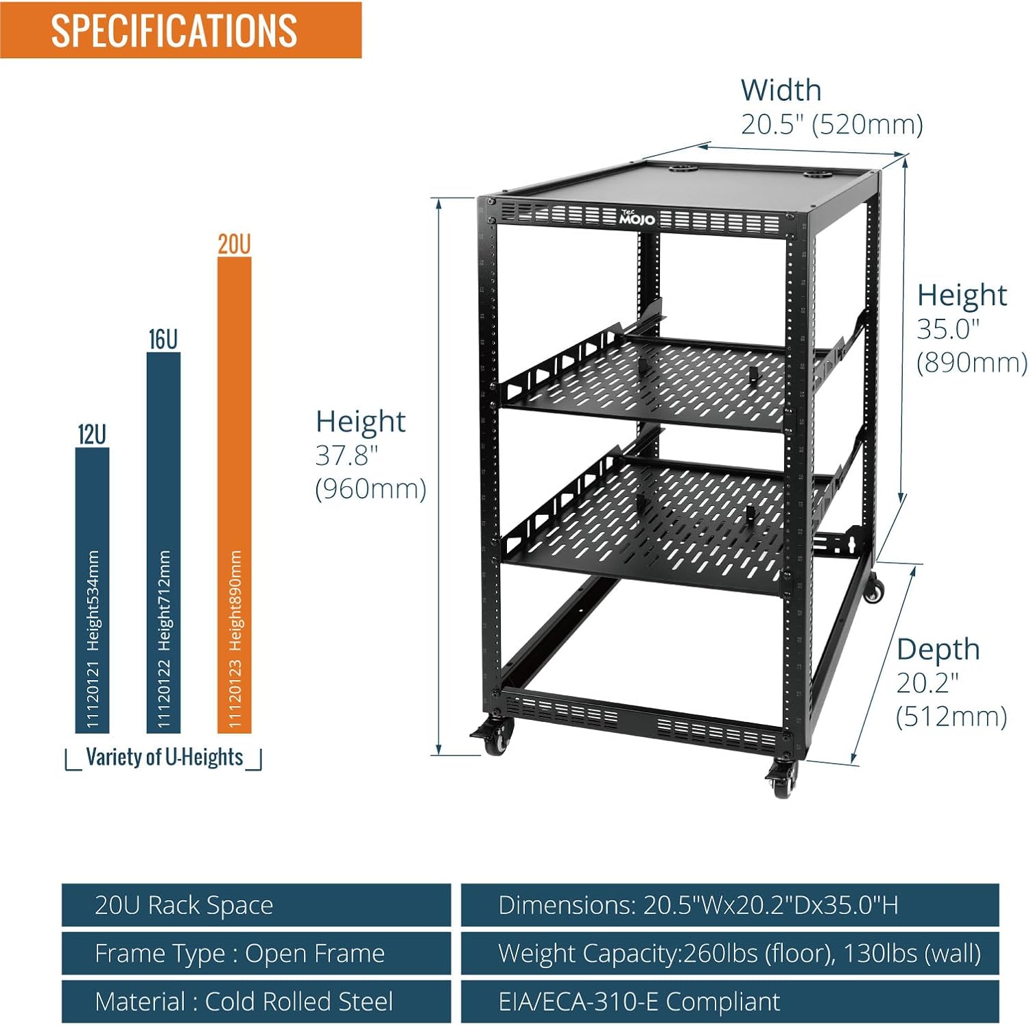 20U Open Frame Network Rack with Wheels 4 Post AV Rack