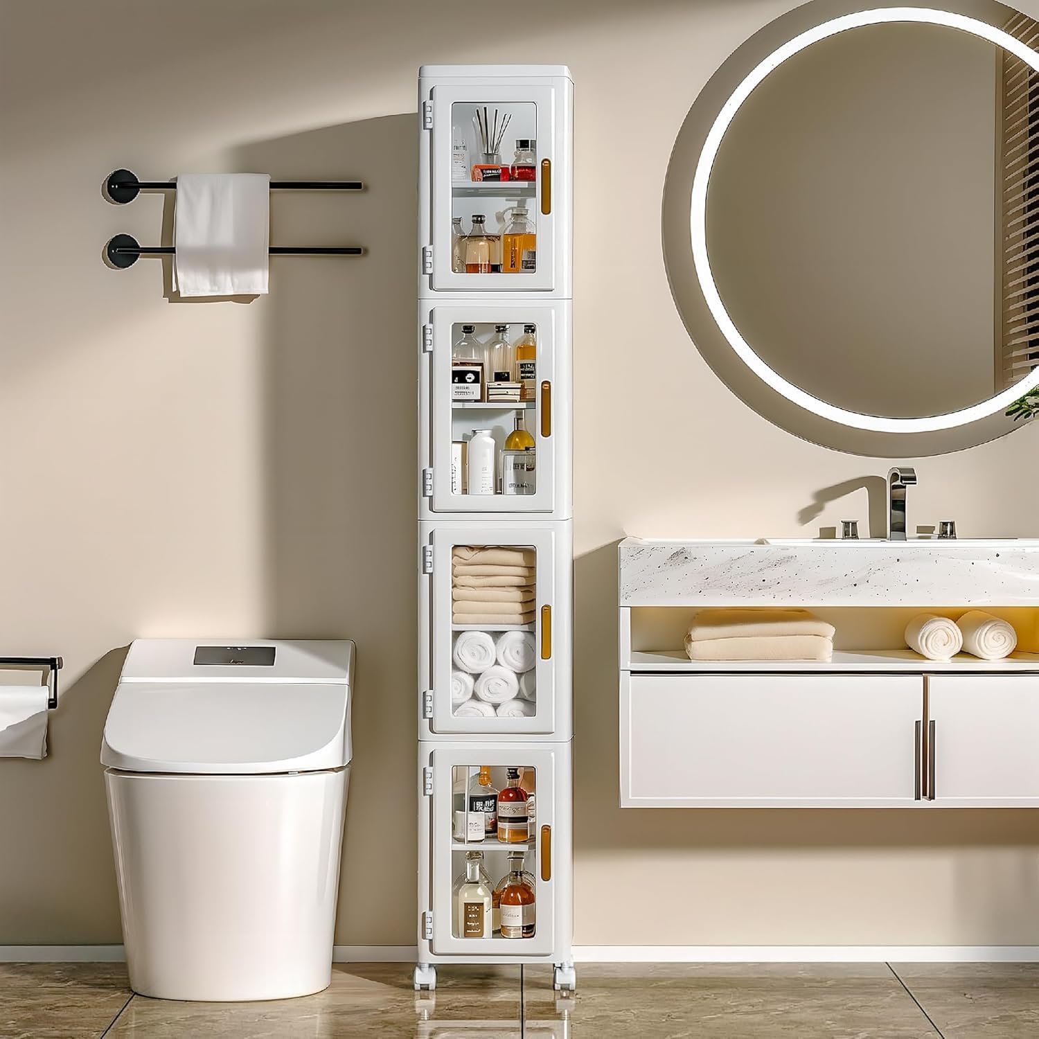 4 Tier Slim Plastic Storage Cabinet Clear Wheels Adjustable Shelf