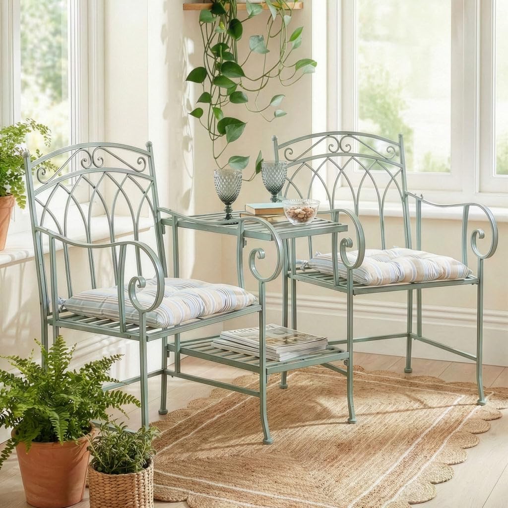 Vintage Jack & Jill Garden Love Seat with Table Sage Green Patio Bench