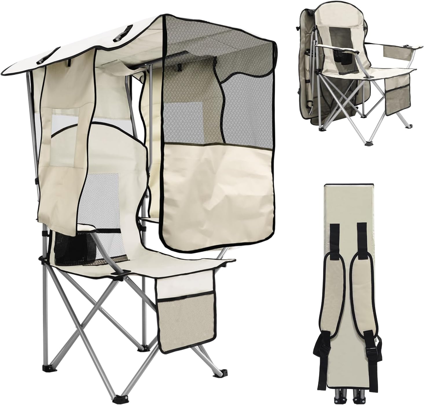 Camping Chair with Canopy Cooler Cup Holder White