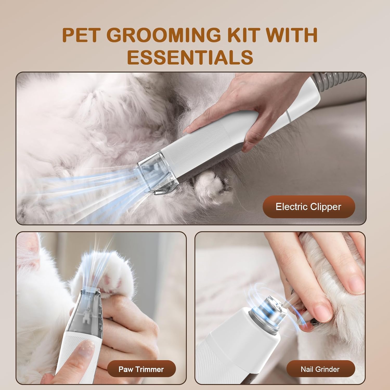 Dog Grooming Vacuum Kit 10000Pa 2L Nail Grinder Caramel