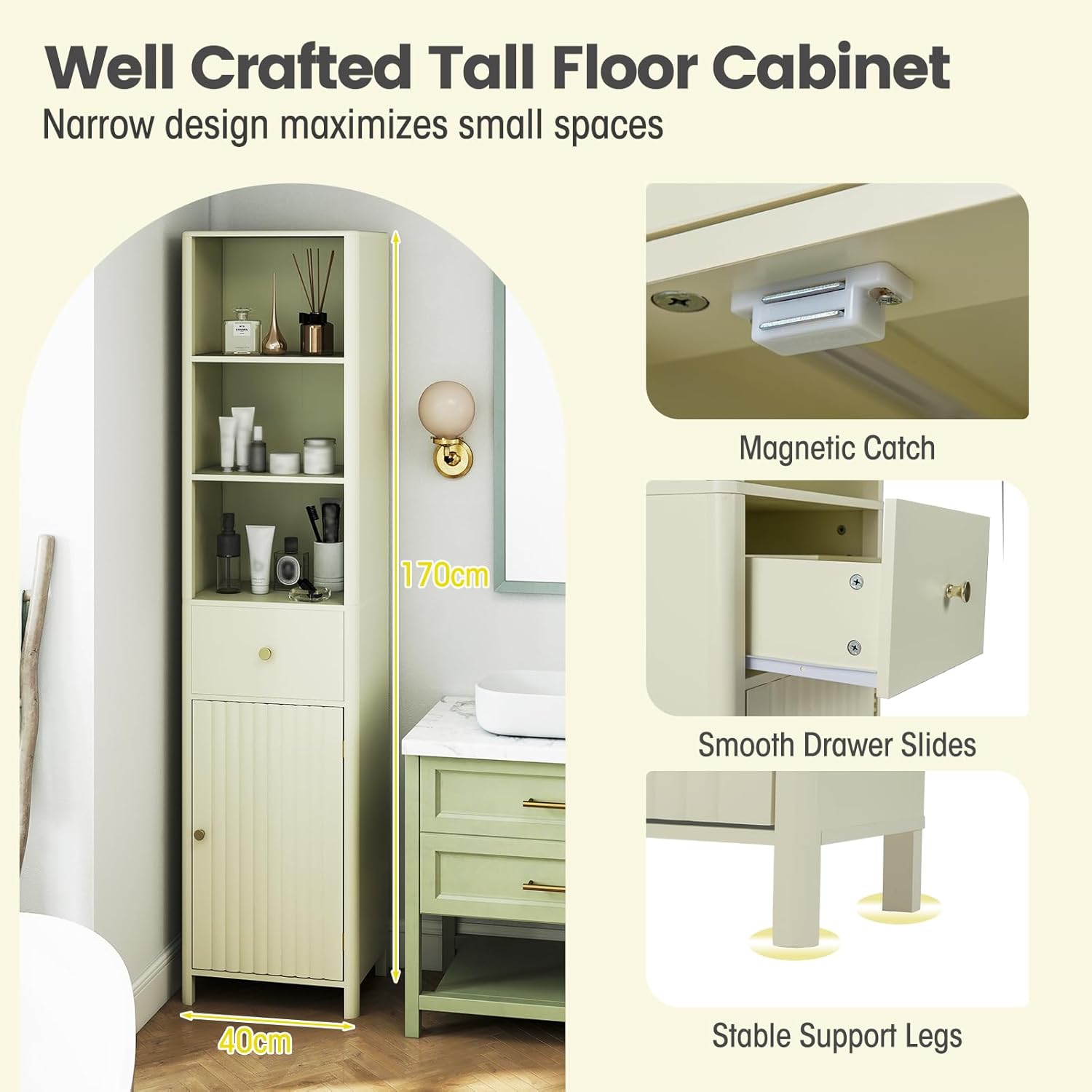 Tall Bathroom Storage Cabinet Beige Fluted Door Drawer 170cm