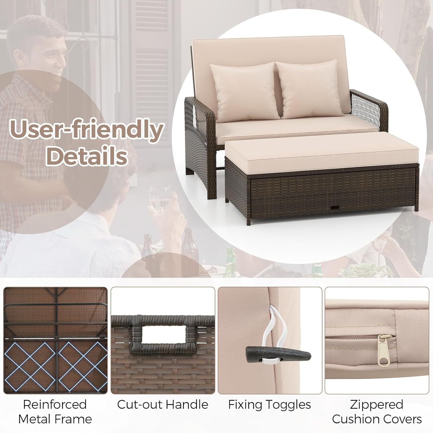 Rattan Garden Daybed Double Lounger Storage Ottoman Beige