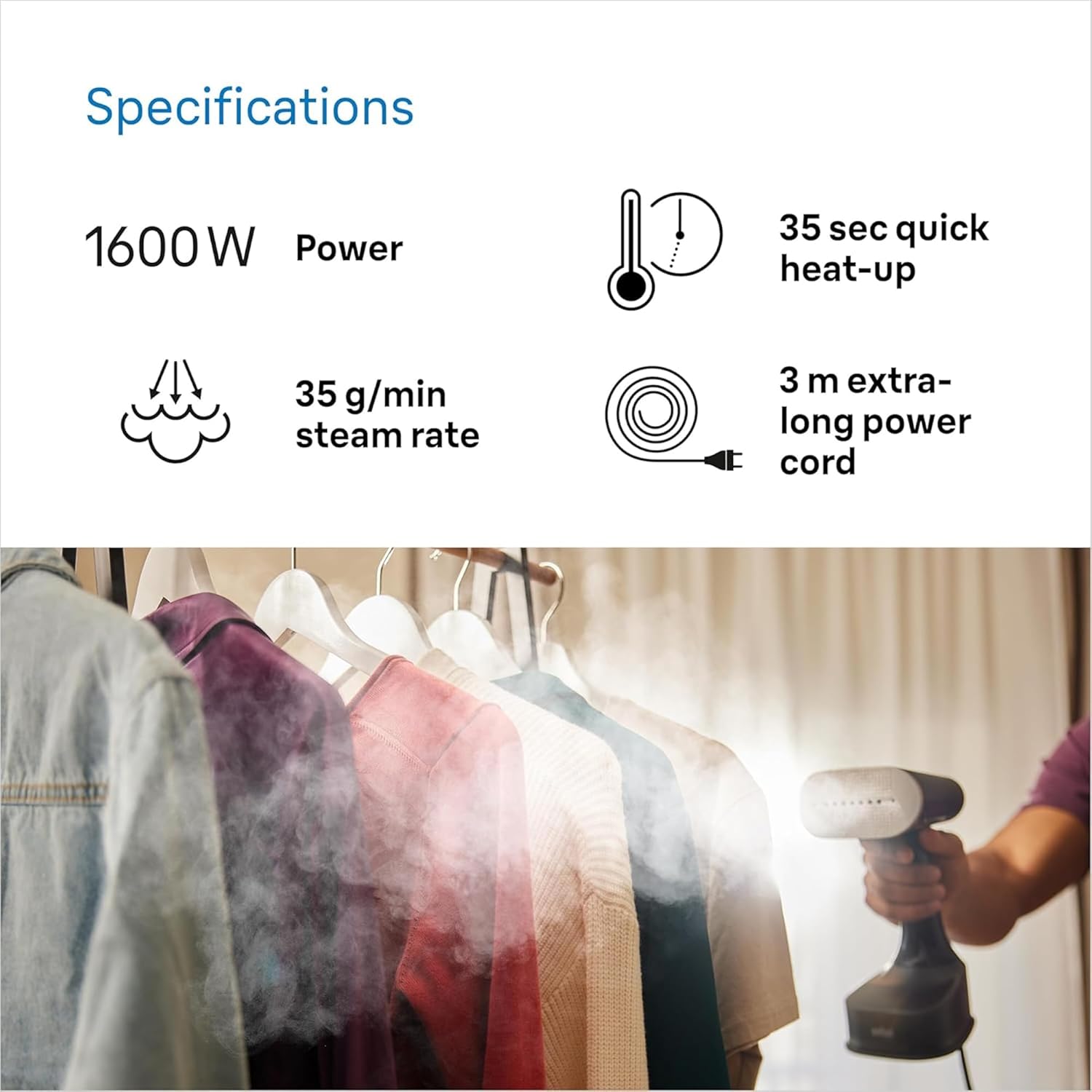 1600W Garment Steamer 35g/min Fast Heat 250ml Vertical Iron