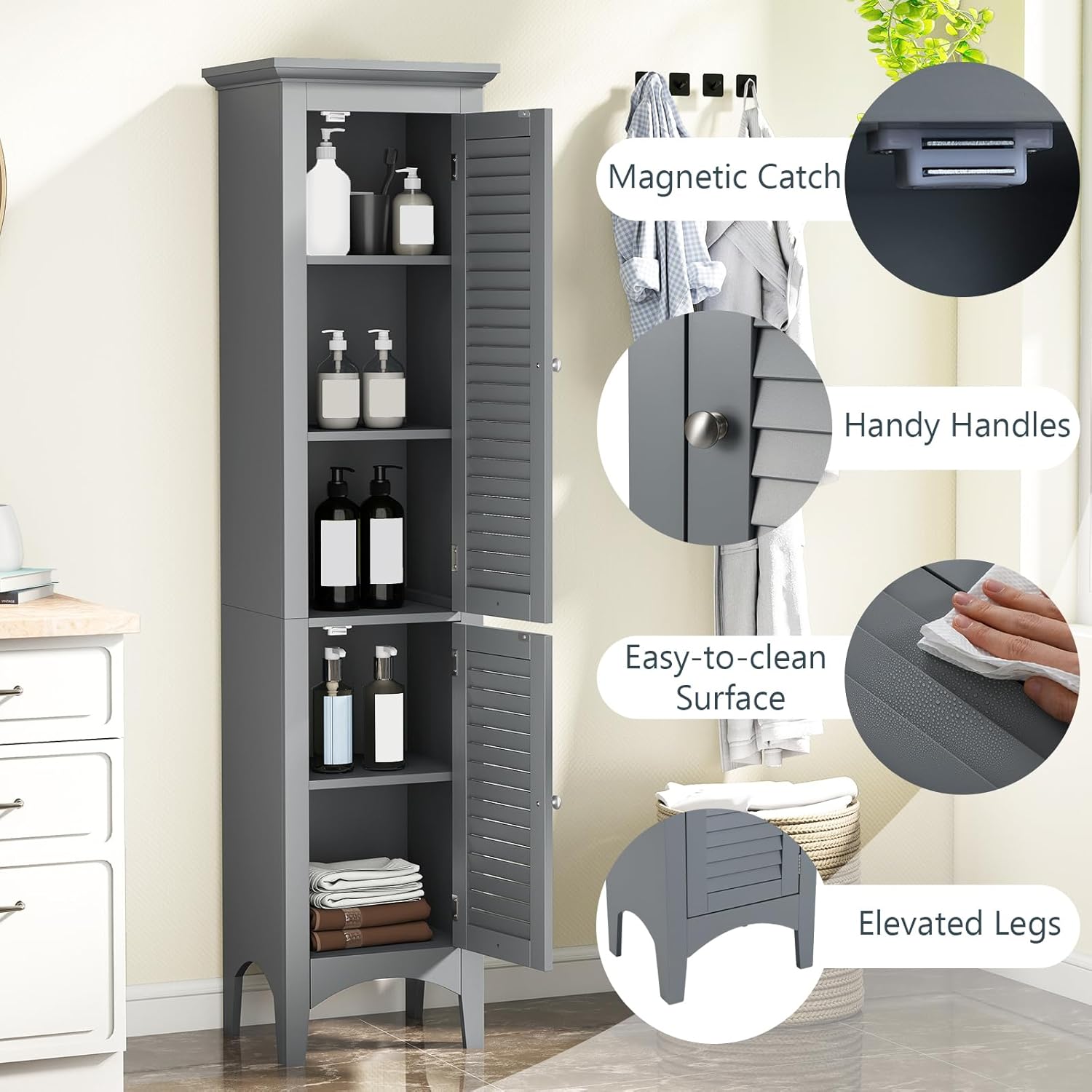 Tall Bathroom Storage Cabinet Grey 2 Door Shelf Unit