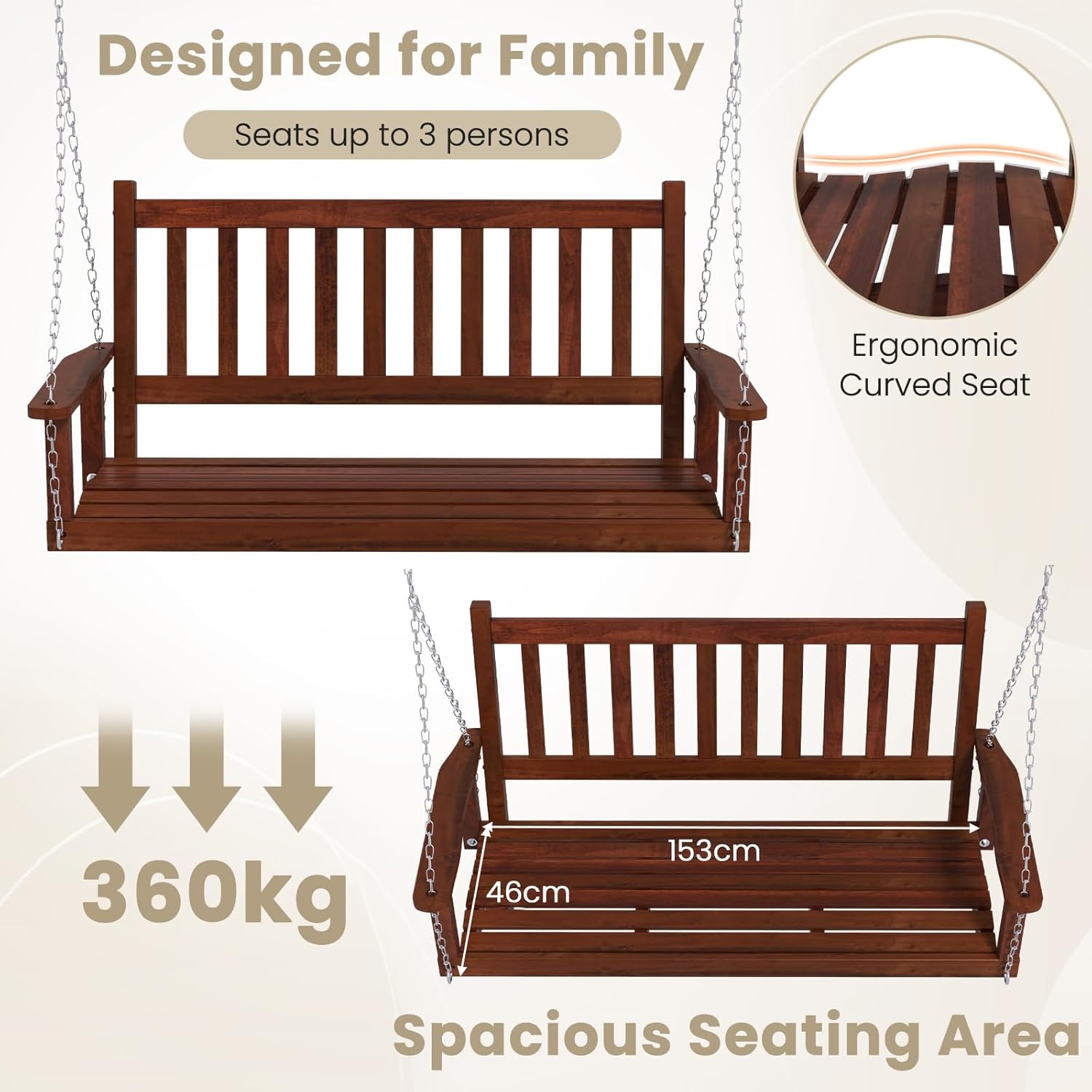 Wooden Porch Swing Bench 2 3 Seater Hanging Chair Brown
