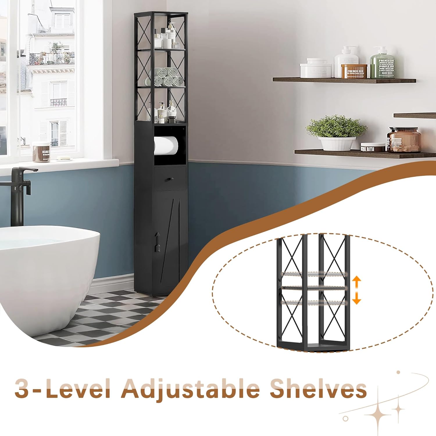 Slim Bathroom Tall Cabinet Door Drawer Shelf Unit Black