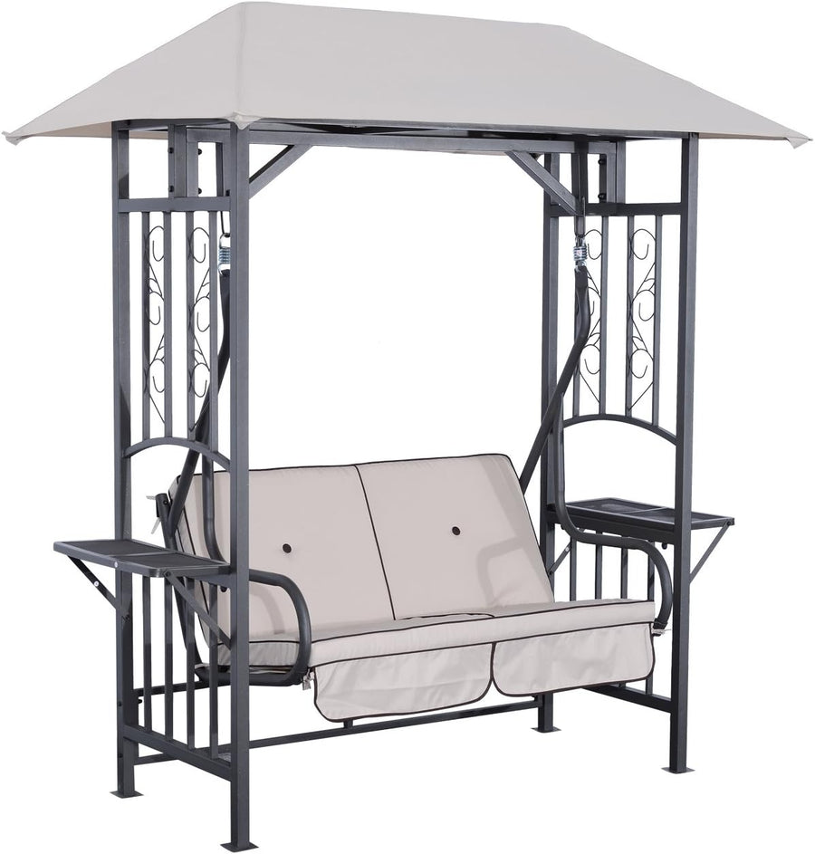 2 Seater Garden Swing Chair with Canopy Side Tables Beige
