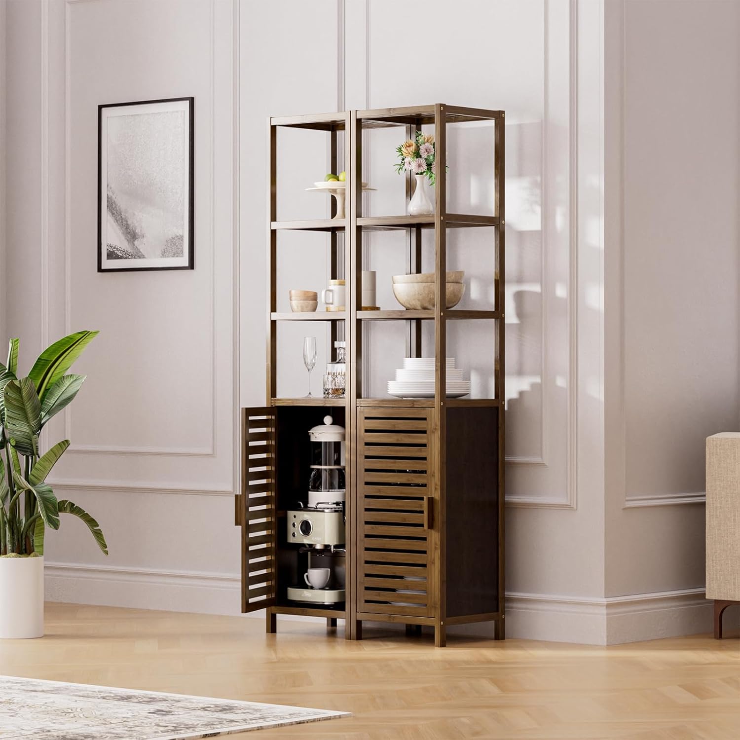Bamboo Tall Storage Cabinet Walnut Open Shelf Door Unit