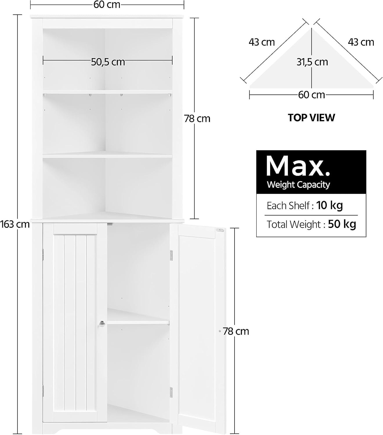 Tall Corner Bathroom Cabinet White Adjustable Shelf Unit