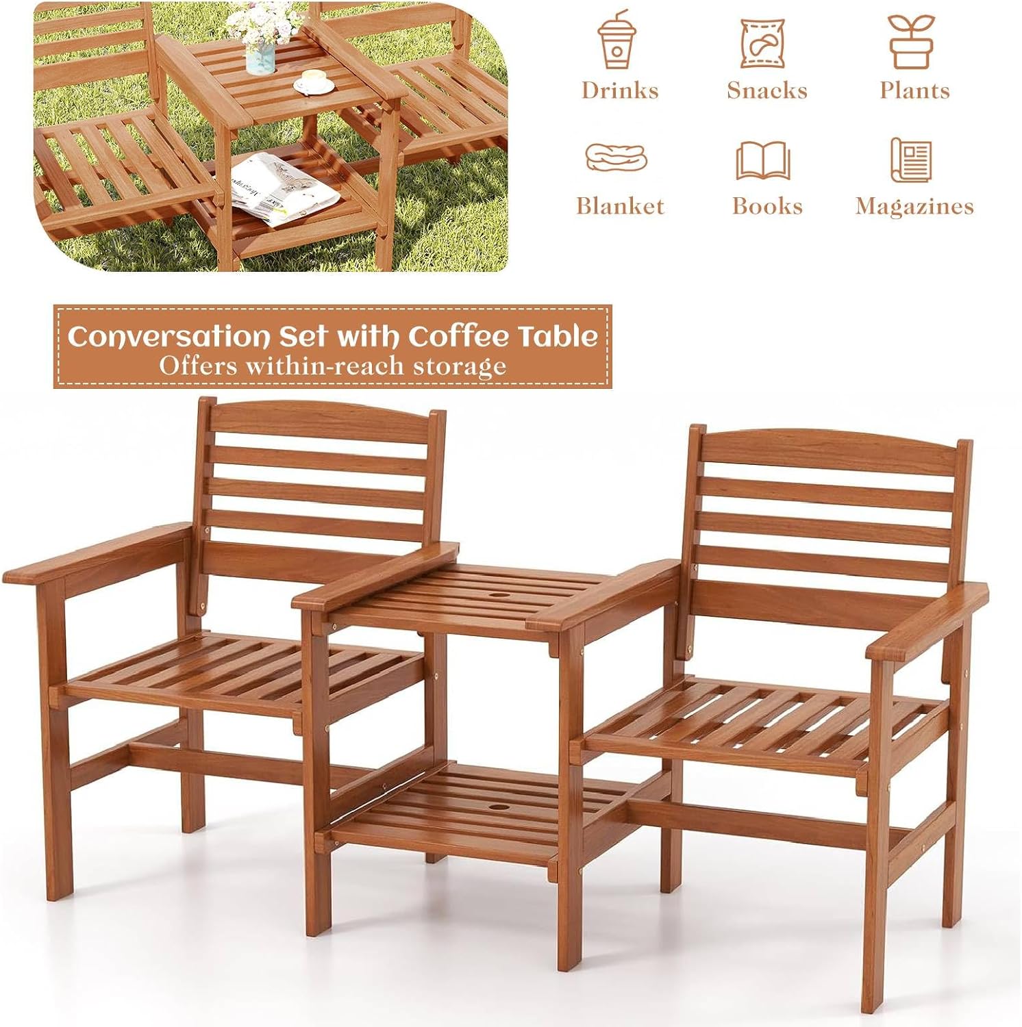 2 Seater Wooden Garden Loveseat Bench w/Table & Umbrella Hole