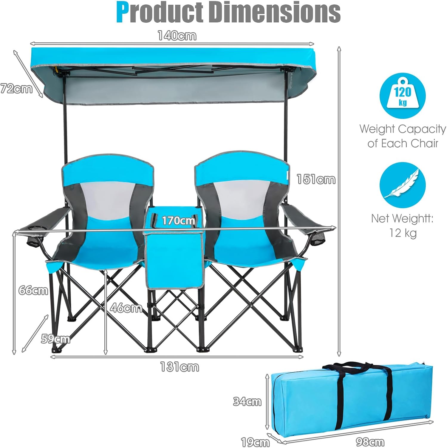 Double Camping Chair with Canopy 2 Seater Blue