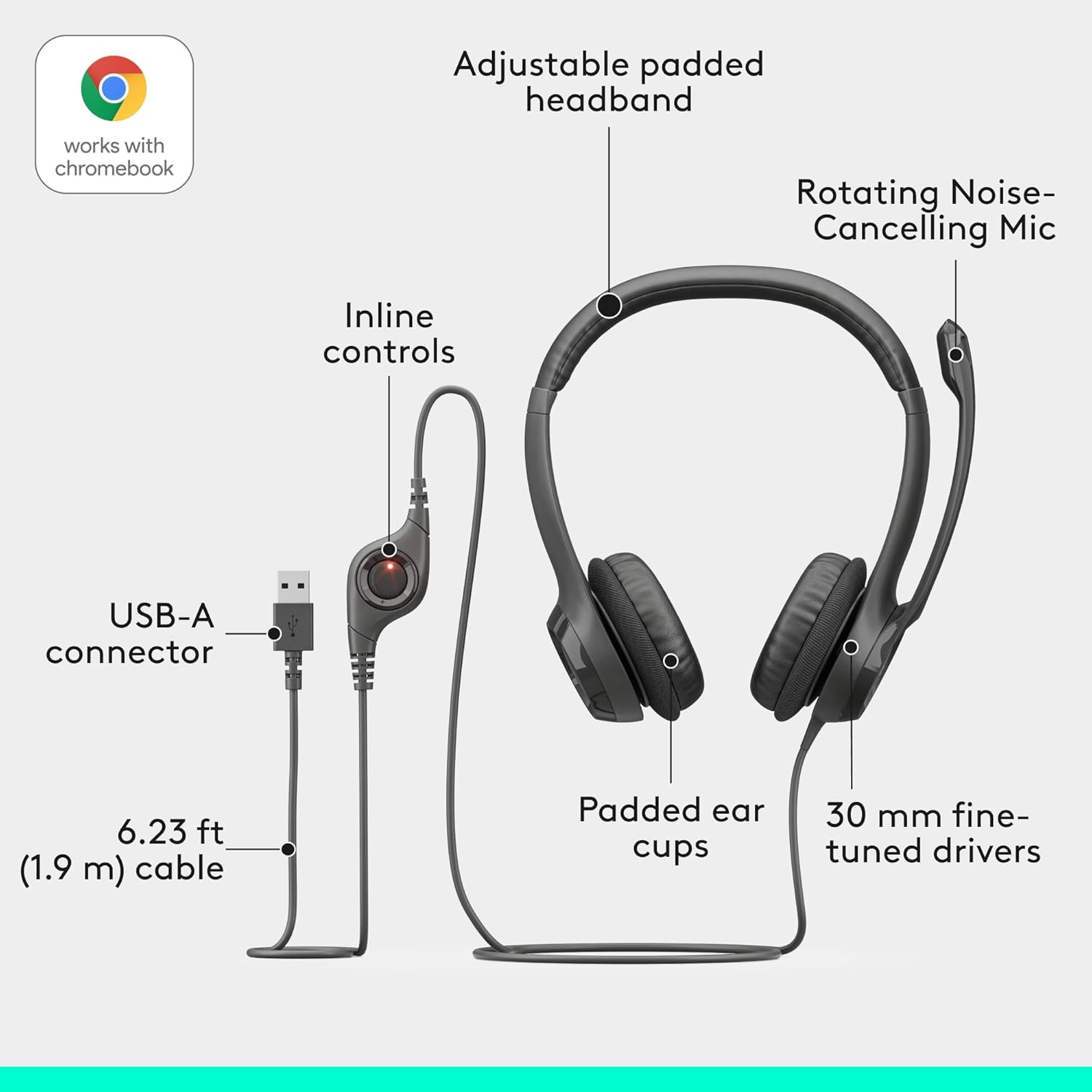 USB Wired Stereo Headset Noise Cancelling Mic In Line Control Black