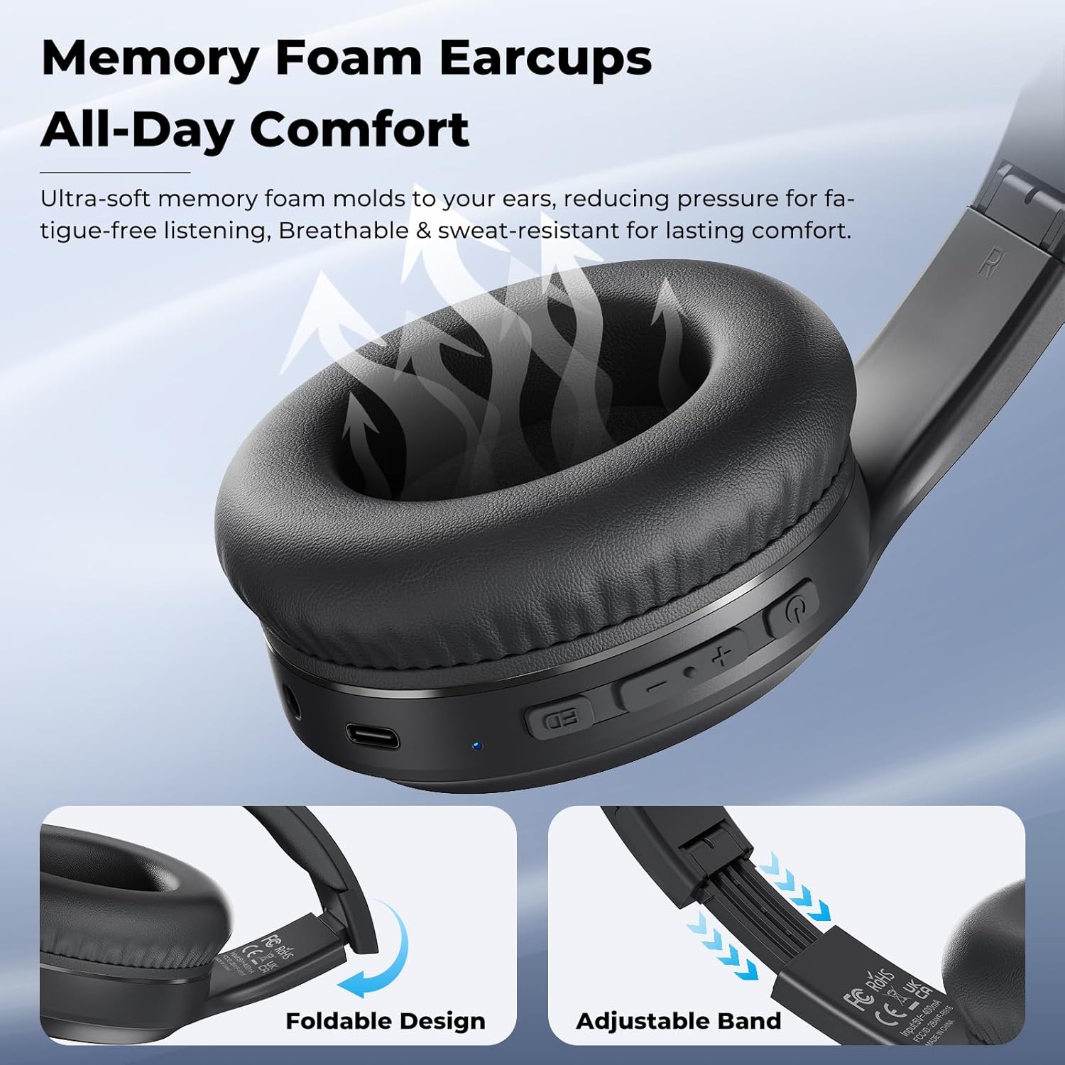 Wireless Bluetooth Over Ear Headphones 70Hr Battery Deep Bass Black