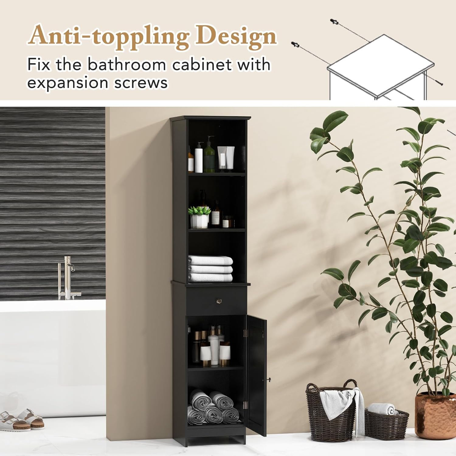 Slim Bathroom Tall Cabinet Drawer Door Shelf Unit Black