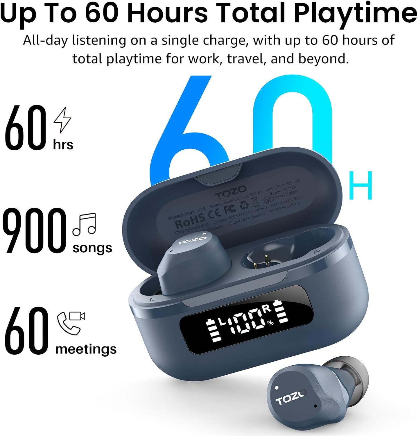 Wireless ANC Bluetooth Earbuds 60 Hour Playtime ENC Mic Blue
