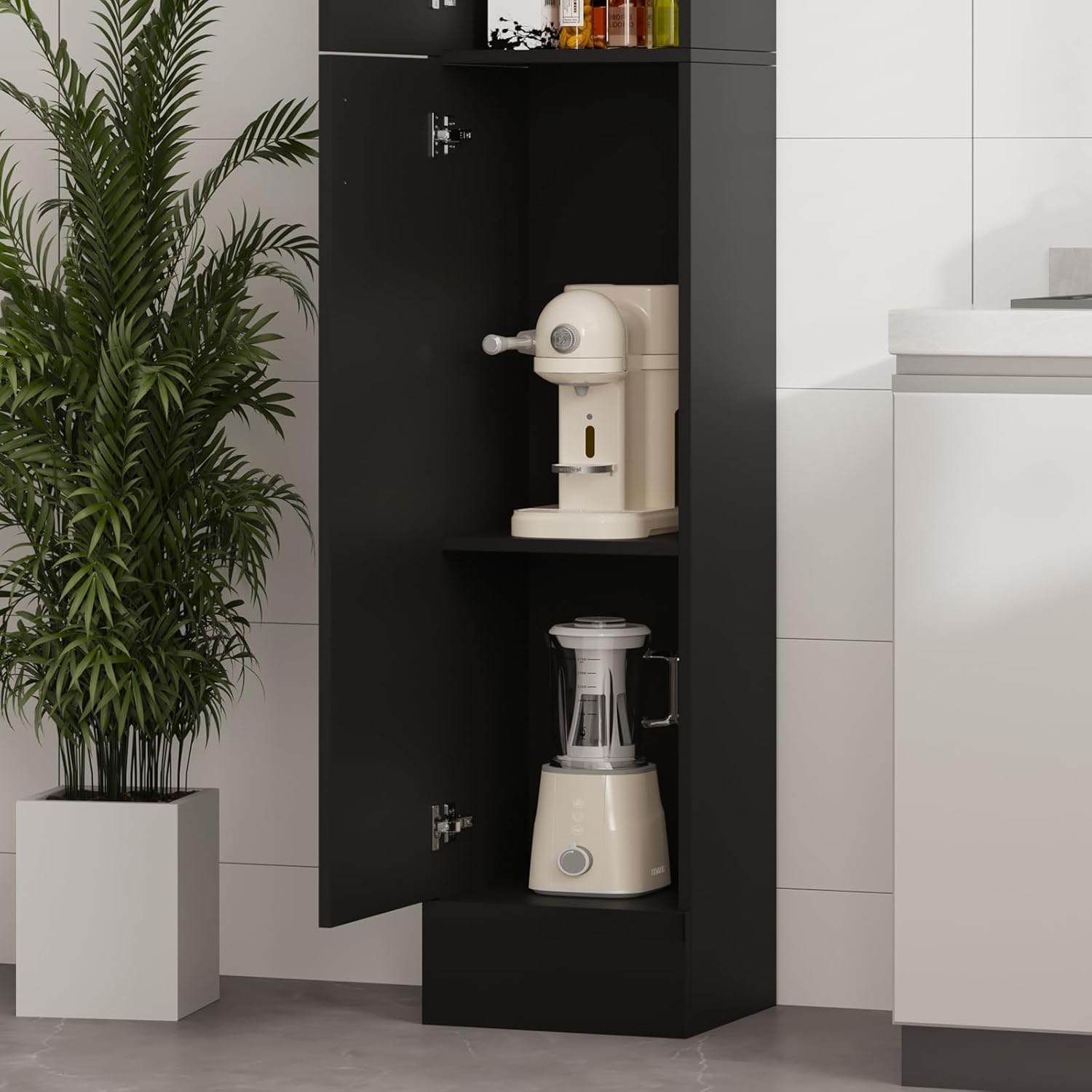High Gloss Black Tall Bathroom Cabinet 2 Door 4 Shelf 188cm