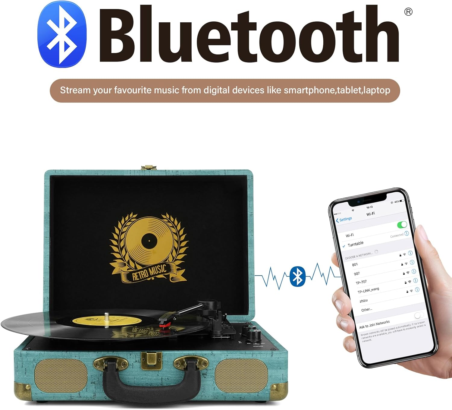 3-Speed Bluetooth Vinyl Record Player Portable Suitcase Turntable Military Green