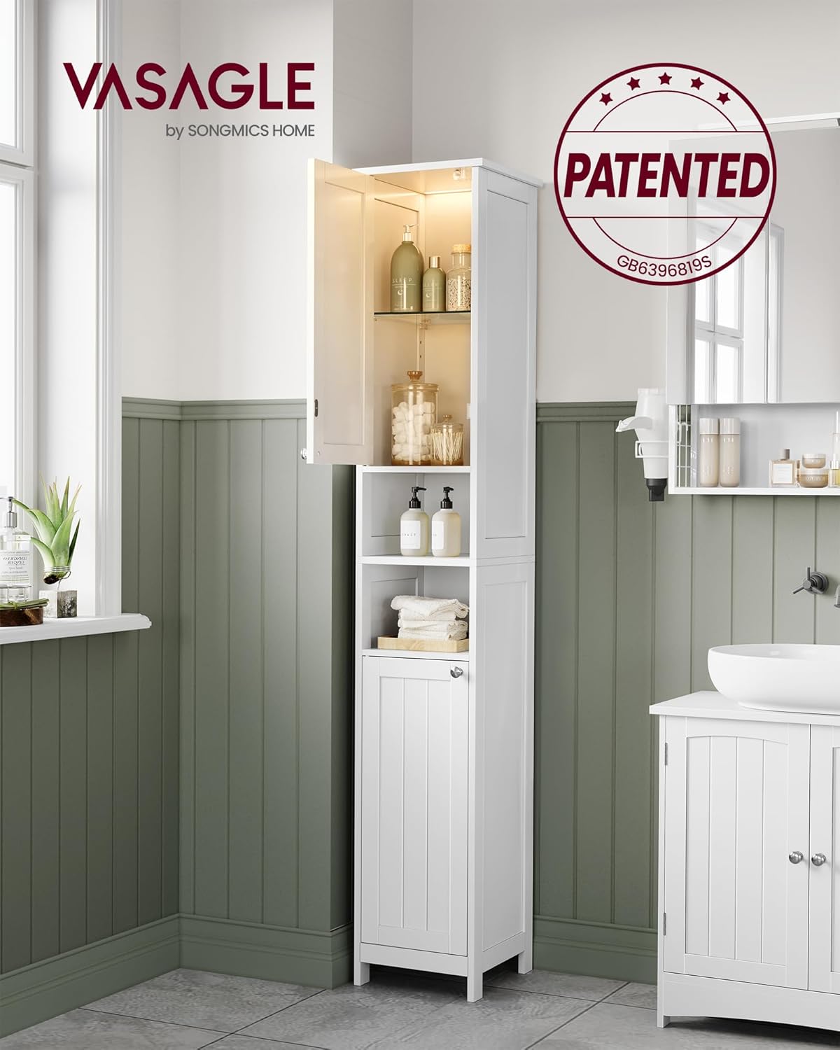 Tall Bathroom Cabinet with LED Lights Slim Storage White 170cm