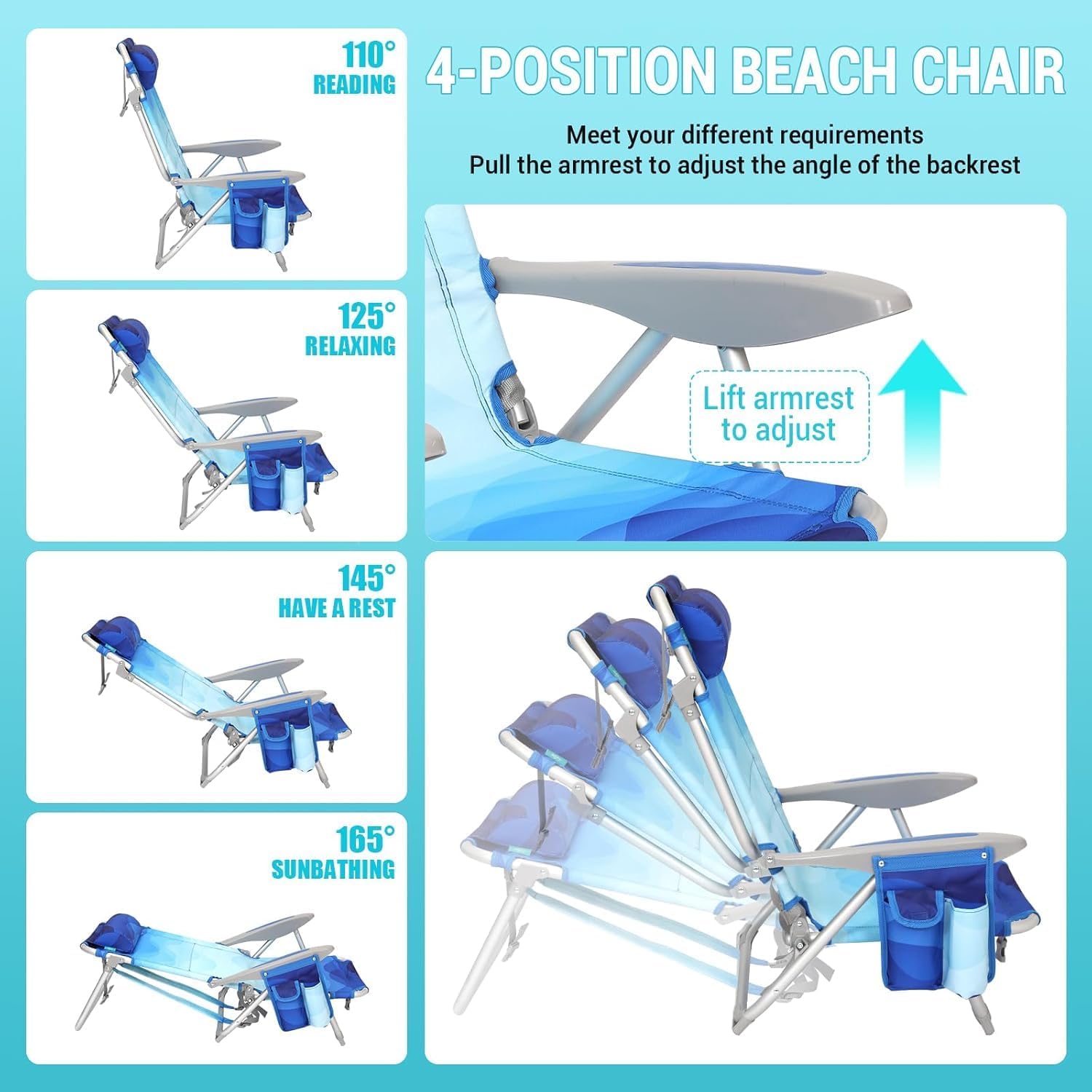 Blue Pattern Adjustable Beach Chair Folding Reclining Seat