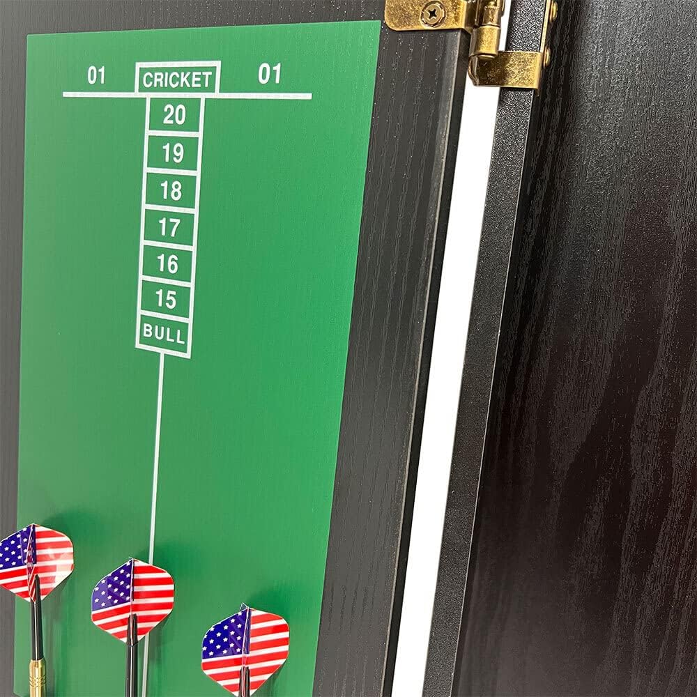 Dart Board Cabinet Set Wood Black Ash Bristle Board 6 Darts