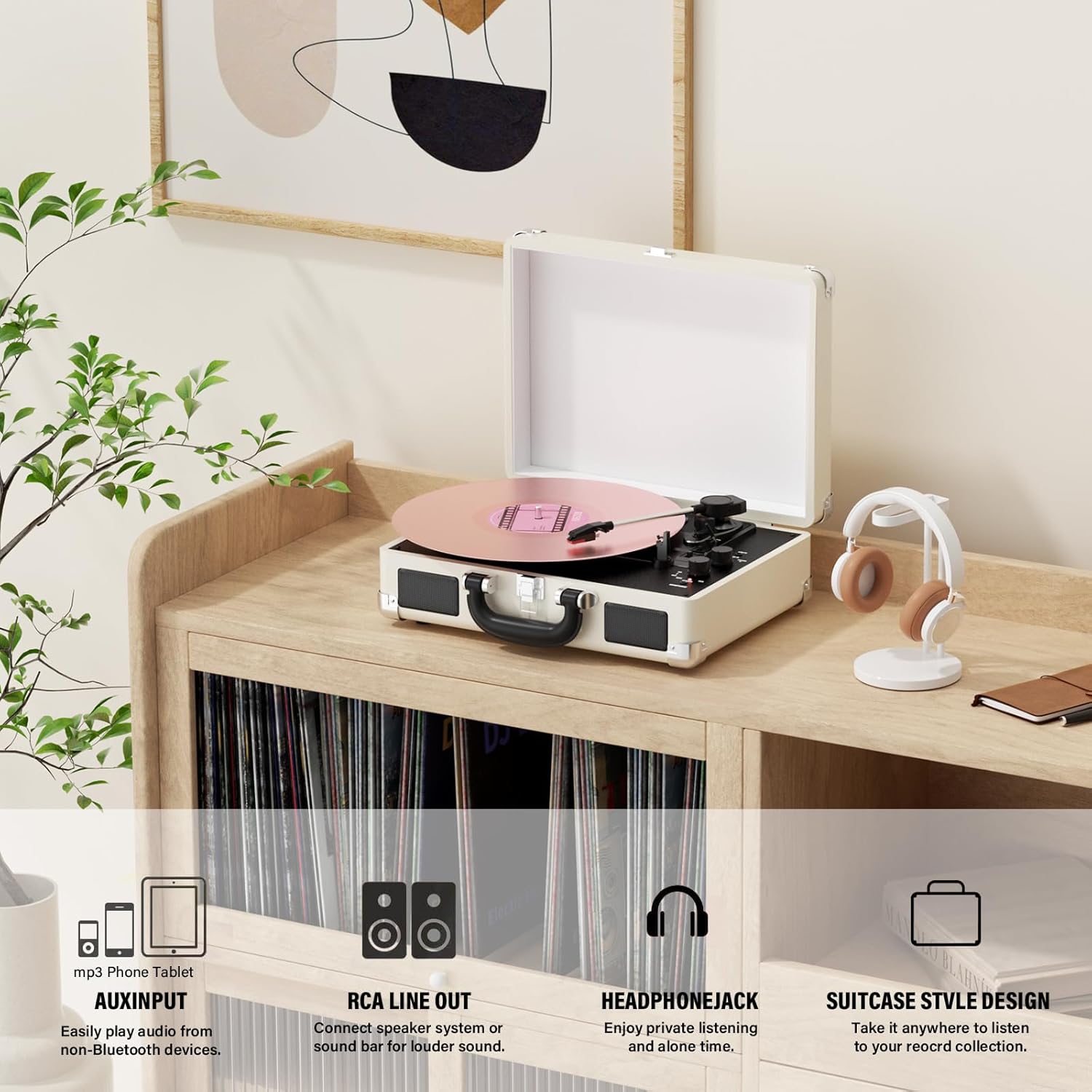 Portable Bluetooth 3-Speed Vinyl Record Player with Built-In Speakers
